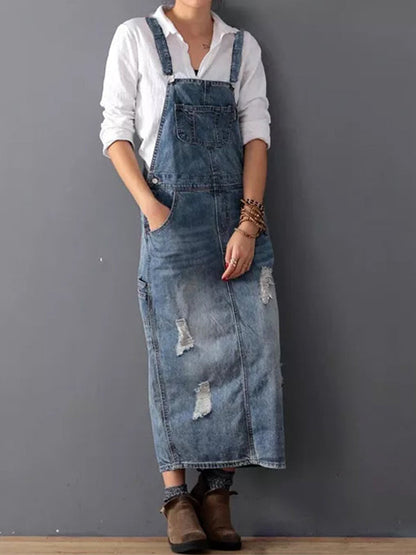 Slabberjurk van distressed denim met split aan de achterkant - Lara