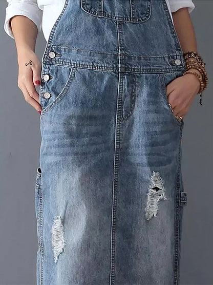 Slabberjurk van distressed denim met split aan de achterkant - Lara