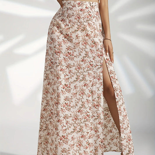 Lange rok met bloemenprint en zijsplit - Natalia