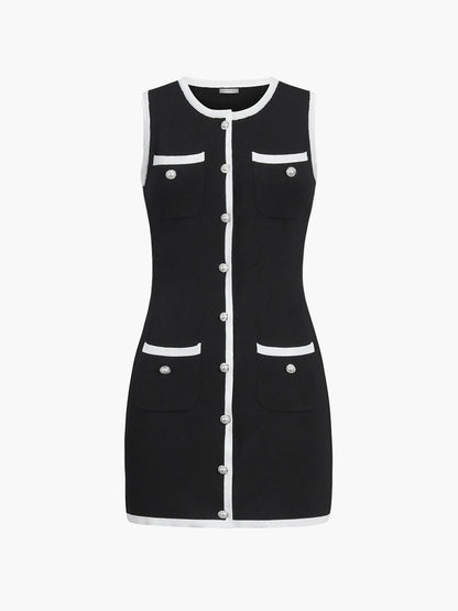 Victoria - Multi Pocket Knoop Mouwloze Korte Sweater Jurk