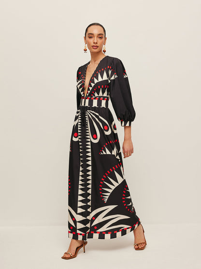 Dinah - Boho Print Splitjurk met V-hals