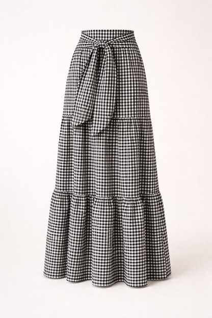 Lange damesrok met strik in de taille en ruitjesprint - Ailsa