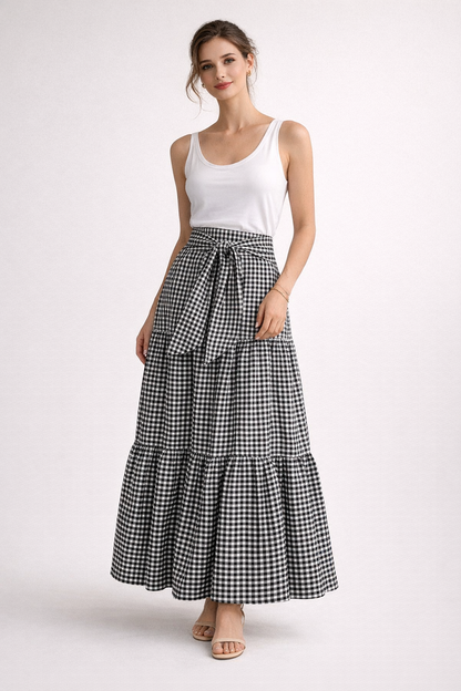 Lange damesrok met strik in de taille en ruitjesprint - Ailsa