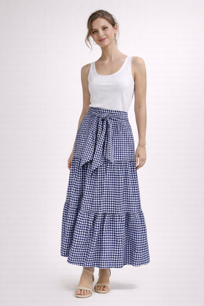 Lange damesrok met strik in de taille en ruitjesprint - Ailsa