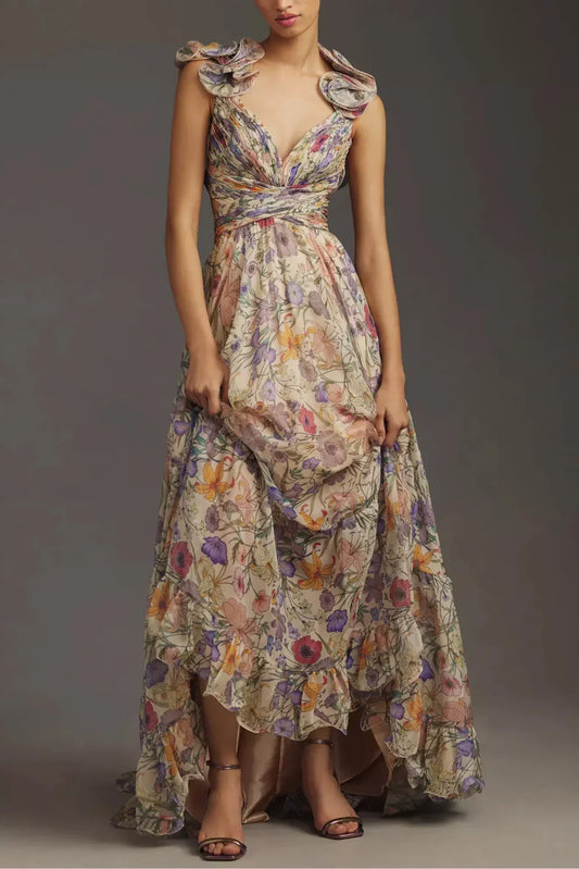 Juliet - Lange geplooide jurk met bloemenprint