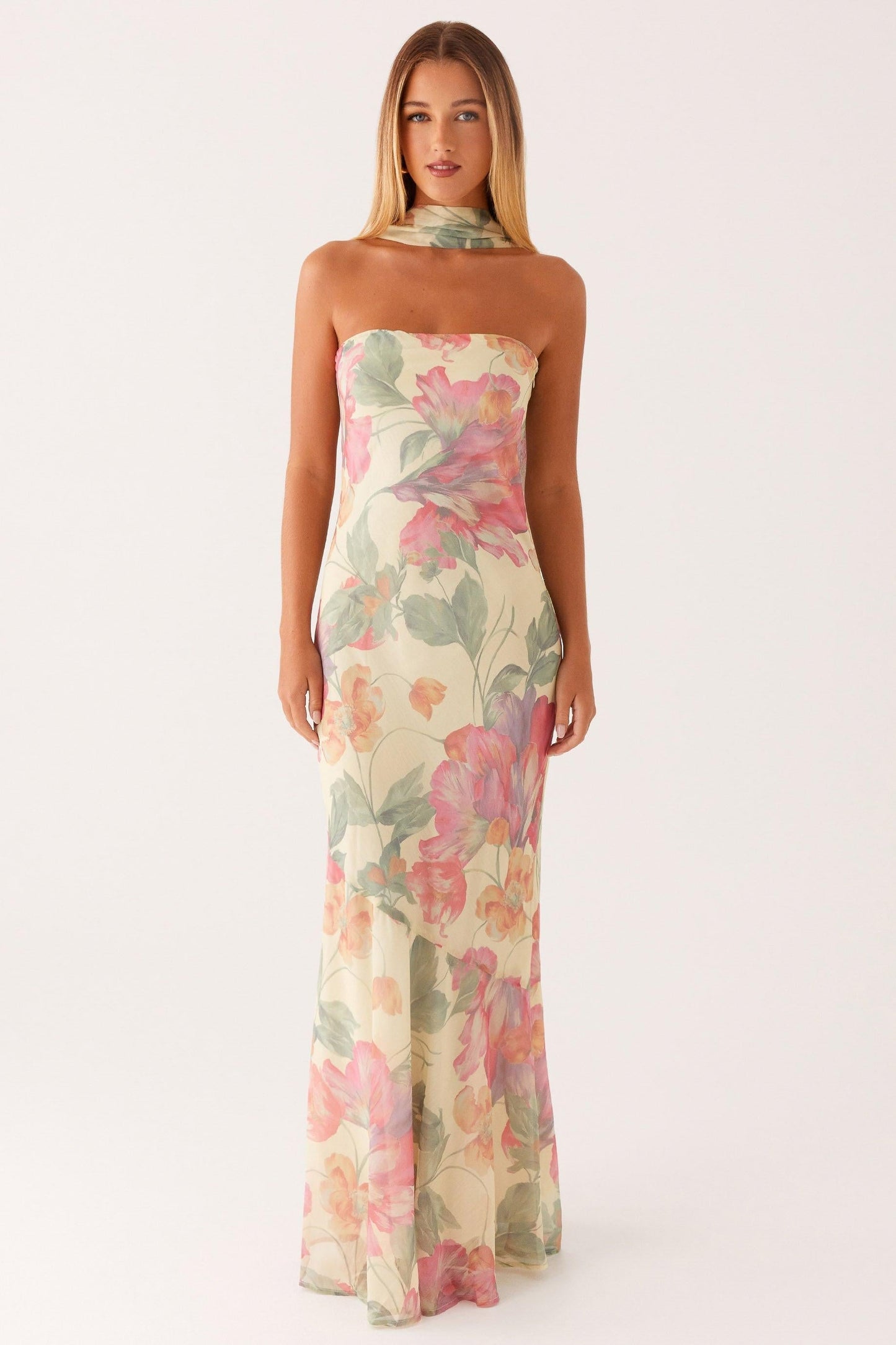 Camila - Lange strapless chiffon jurk met bloemenprint