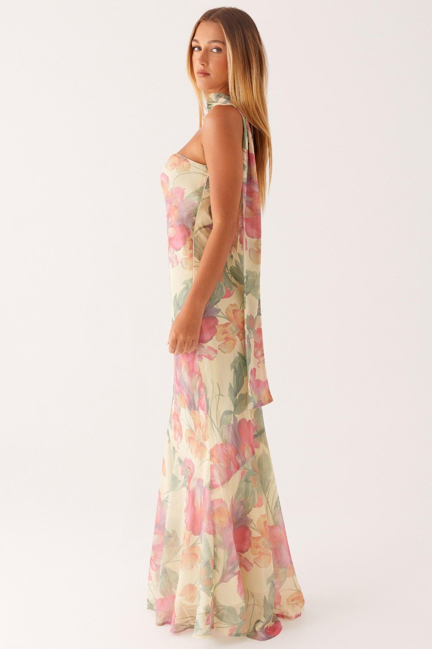Camila - Lange strapless chiffon jurk met bloemenprint
