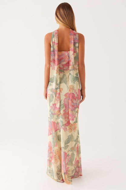 Camila - Lange strapless chiffon jurk met bloemenprint