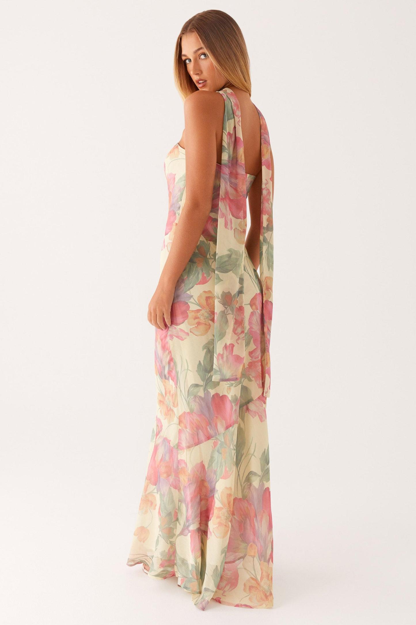 Camila - Lange strapless chiffon jurk met bloemenprint