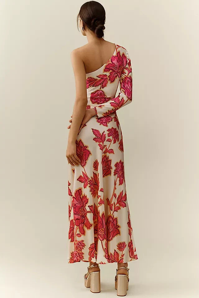 Valentina - Lange gebloemde enkelschouder jurk