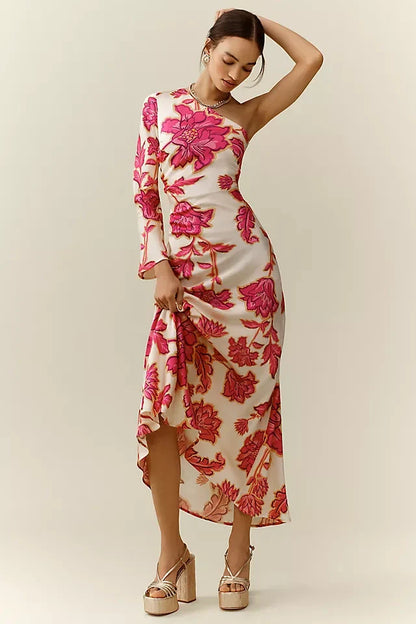 Valentina - Lange gebloemde enkelschouder jurk