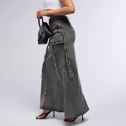Dames denim lange rok met utility zakken recht model - Renata