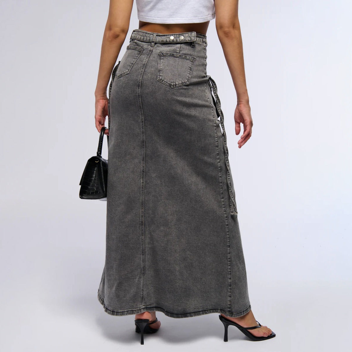 Dames denim lange rok met utility zakken recht model - Renata