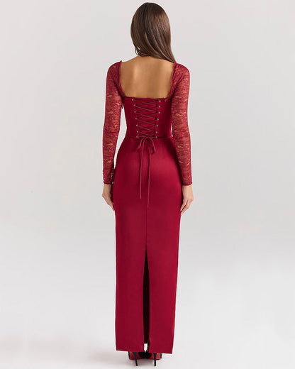 Florence - Lange jurk met lange mouwen in wijnrood en kant