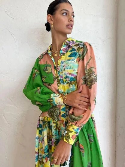 Matilda - Lange jurk met vintage print en polokraag voor dames