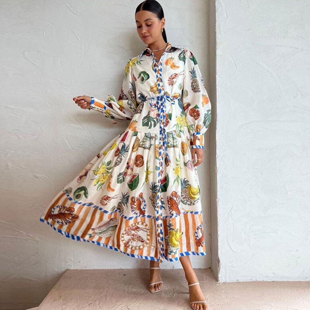 Matilda - Lange jurk met vintage print en polokraag voor dames