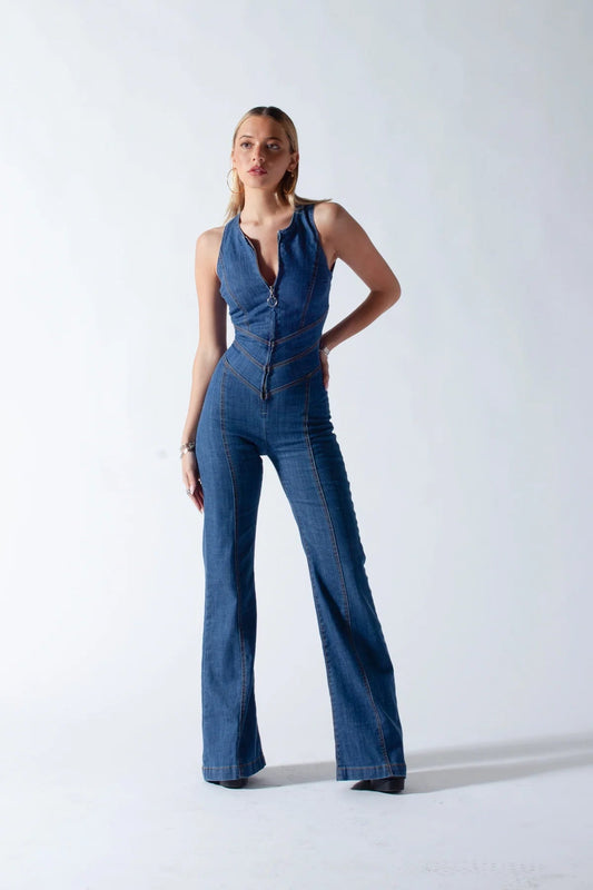 Valeria Cruz | Vintage Denim Jumpsuit met Hartvormige Rug