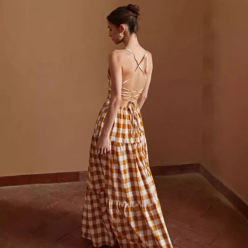 Daphne - Casual Gebonden Jurk Ruit Rugloos