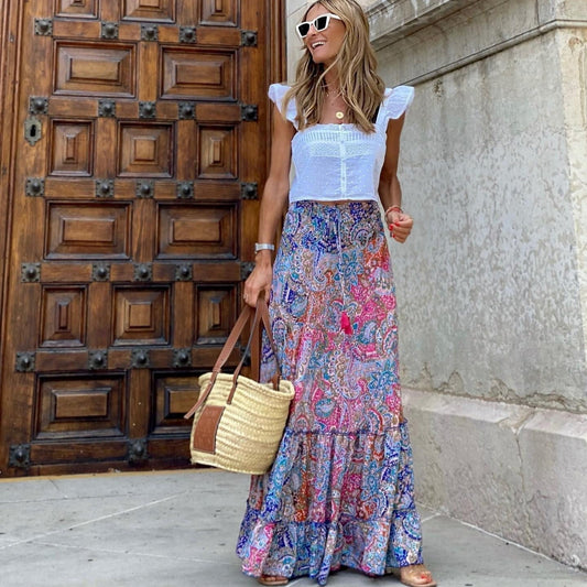 Lange rok met veelkleurige paisleyprint en bohemian snit - Clémence