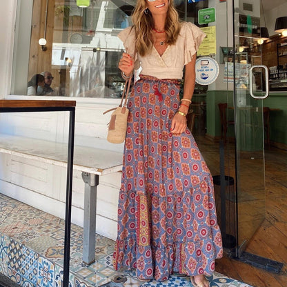 Lange rok met veelkleurige paisleyprint en bohemian snit - Clémence