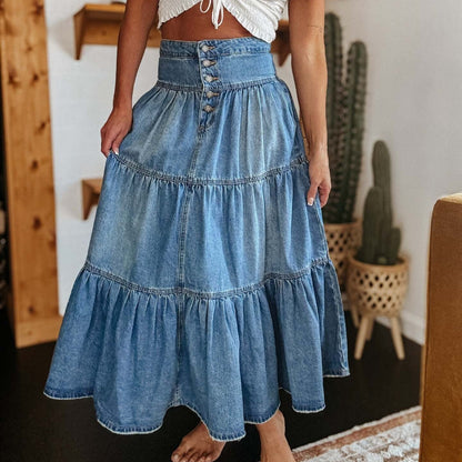 Dames denim rok in midielengte met hoge taille en volants - Nuri