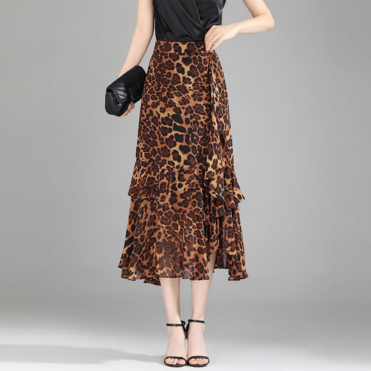 Dames midirok in chiffon met dierenprint en ruches - Renata
