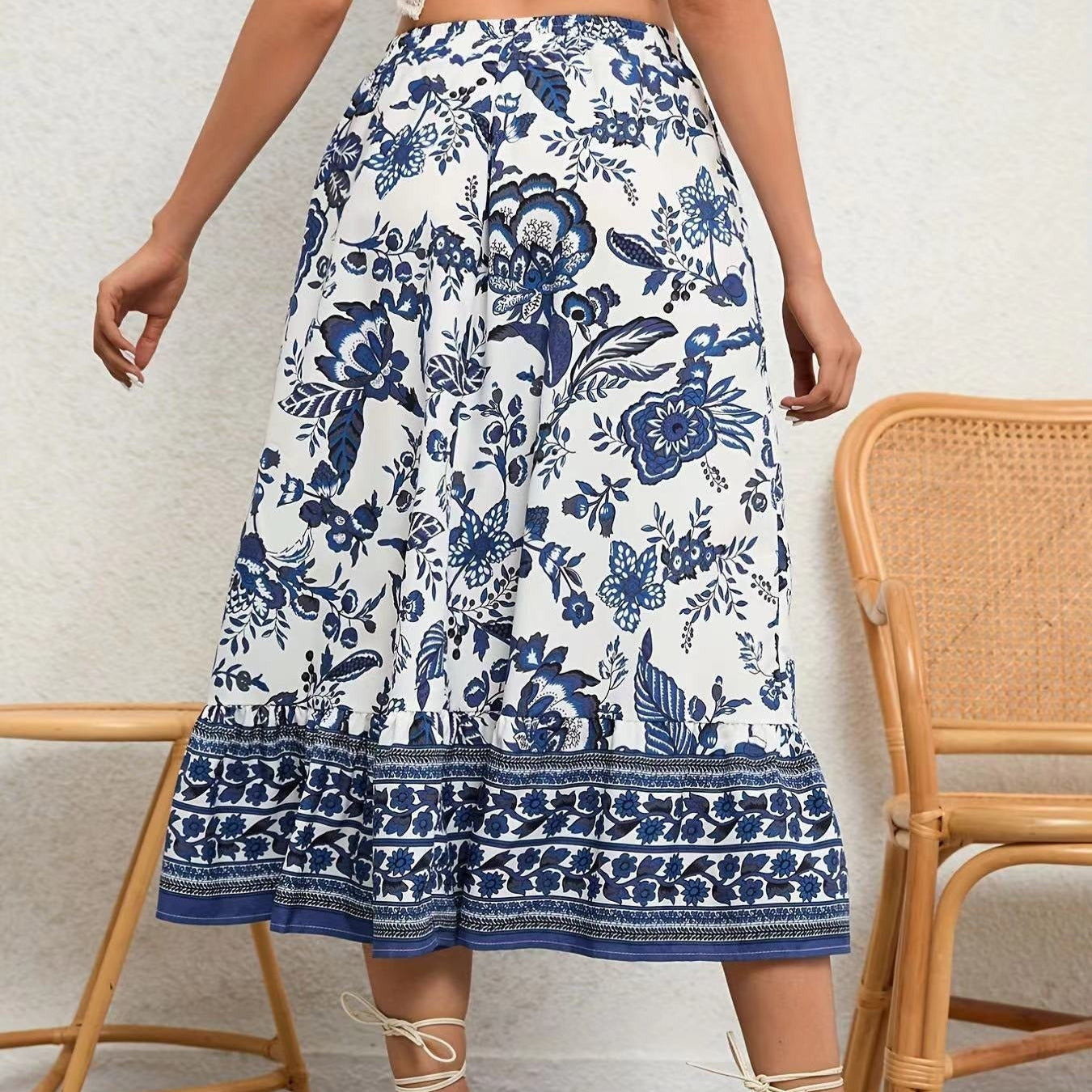 Dames midirok in katoen met bloemenprint en uitlopende snit - Brigitte