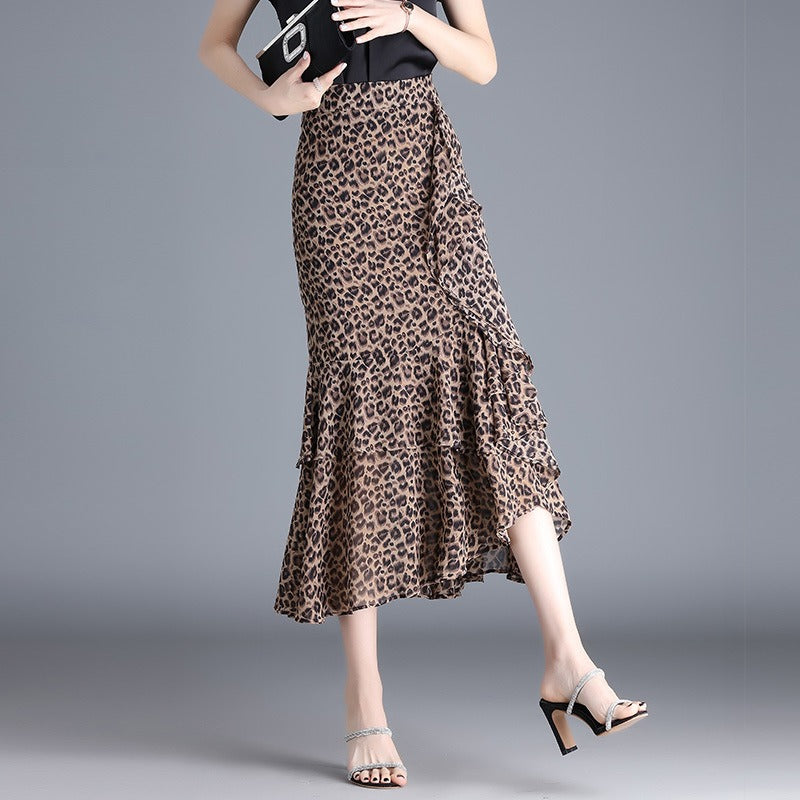 Dames midirok in chiffon met dierenprint en ruches - Renata