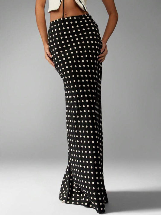 Lange viscose damesrok met bolletjesprint, getailleerd - Karla