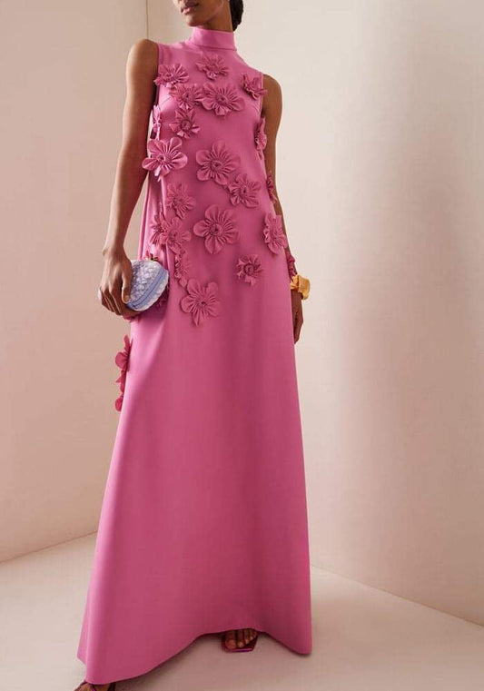 Lena - Lange roze jurk met bloemen