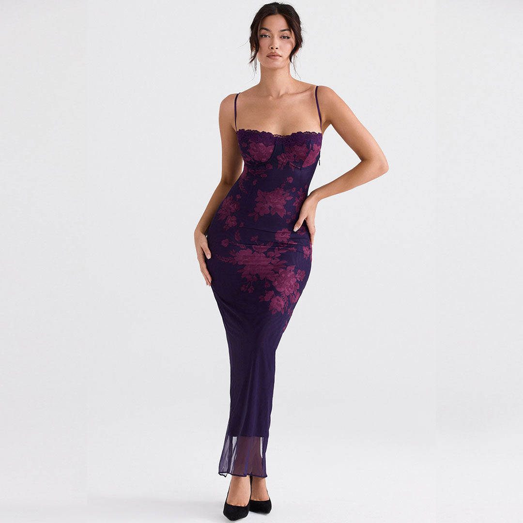 Daphne - Vintage Maxi jurk met bloemenprint en gaaspanelen op de rug