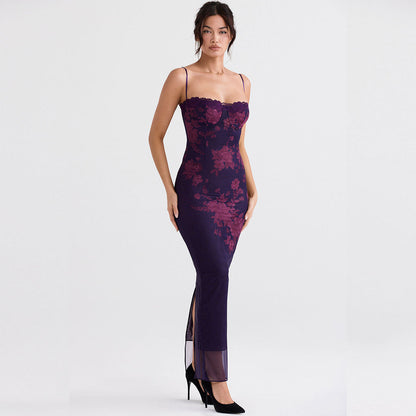 Daphne - Vintage Maxi jurk met bloemenprint en gaaspanelen op de rug